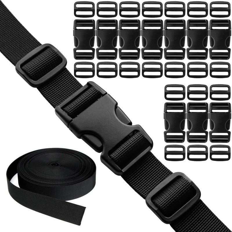 Buckles Straps Set of 1 inch: 10 pcs Quick Side Release Plastic Buckle Dual Adjustable + 12 Yard Black Nylon Webbing Band + 20 pcs Tri-glide Slide Clip  No Sewing Required Heavy Duty Durable